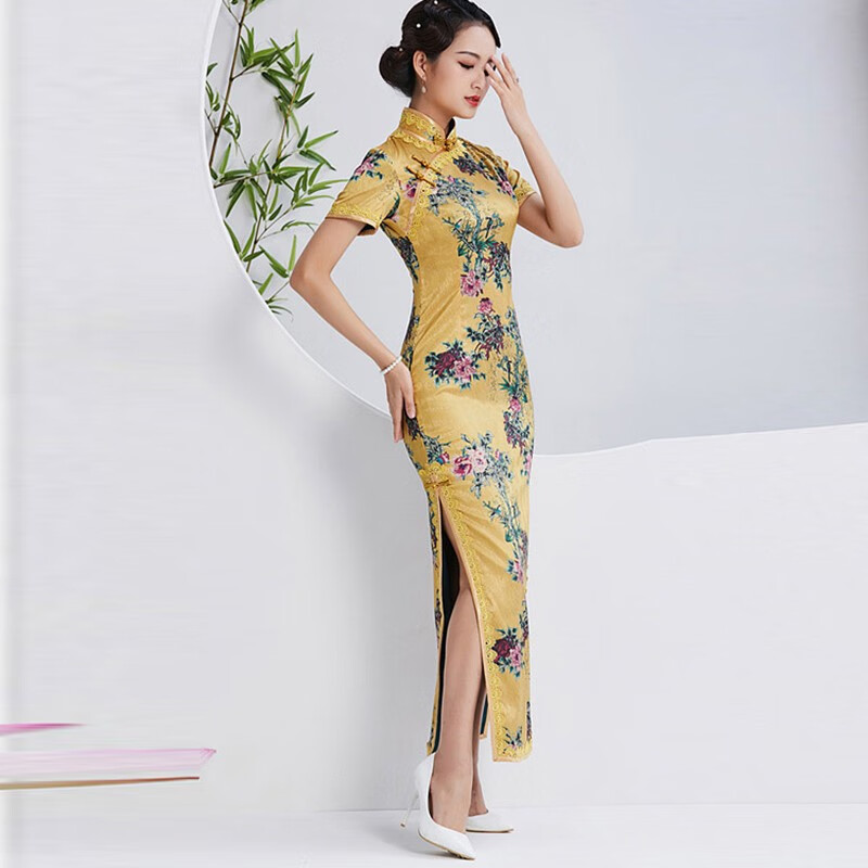 真丝旗袍桑蚕丝立领修身连衣裙高端气质走秀旗袍礼服女定制 图片色 s