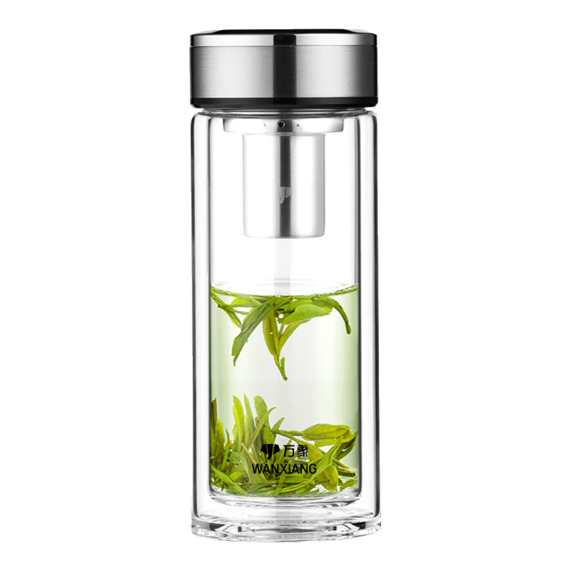 萬象（WANXIANG）雙層玻璃杯大容量高顏值簡約商務(wù)泡茶杯帶蓋高硼硅玻璃杯車載便攜 V49RL-鈦銀色480ml