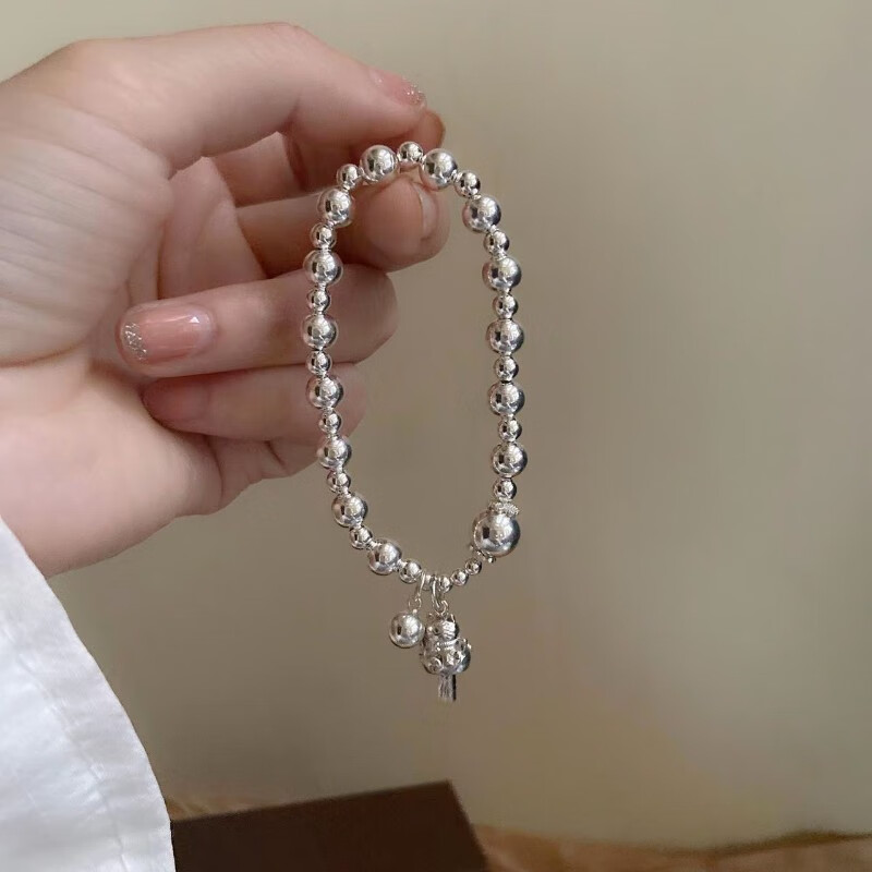 snqp新款925银猫银手链女圆珠弹力绳手 14厘米手围