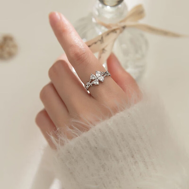 苏十六999银四叶草戒指女时尚个性可调节食指戒指环生日礼物送女友老婆 四叶草戒指