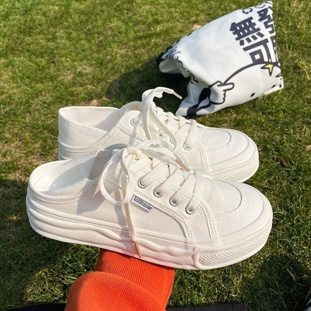 欧朗沃帆布鞋踩后跟两穿鞋2023夏季新款厚底休闲小白鞋学生百搭半托