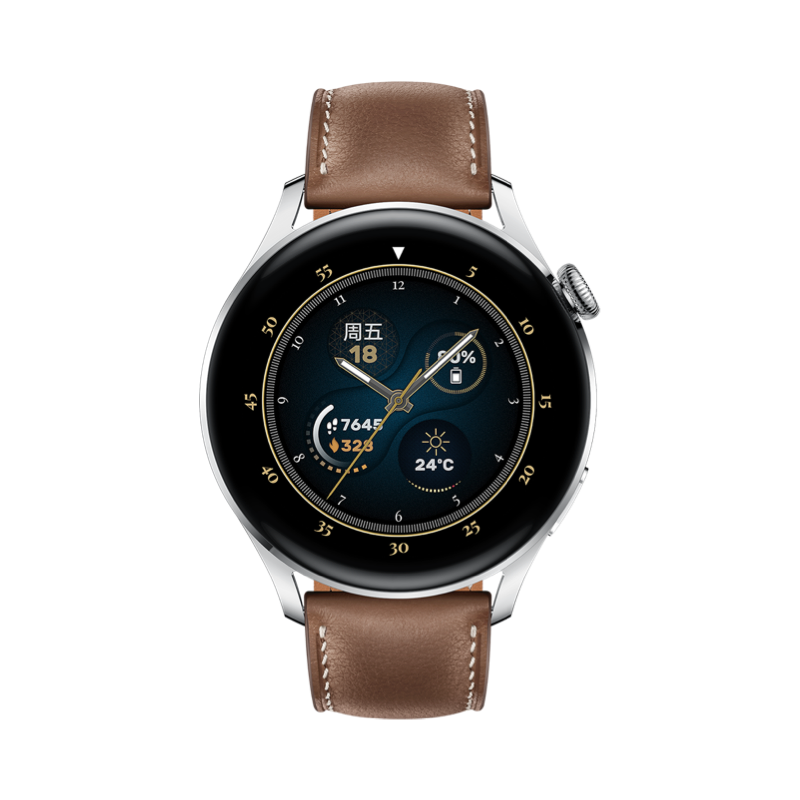 HUAWEI 华为 WATCH 3 时尚款 eSIM智能手表 46.2mm 钢色不锈钢表壳 棕色皮革表带（GPS、血氧）