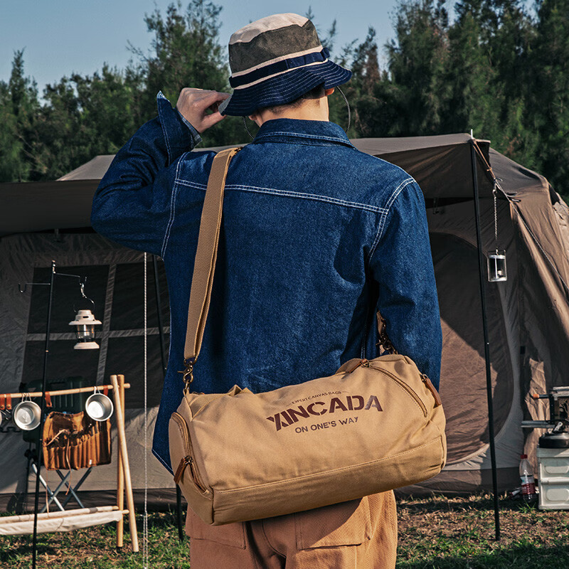 新潮代旅行包男帆布手提大容量运动健身包多功能出差单肩包斜挎旅游包 卡其色