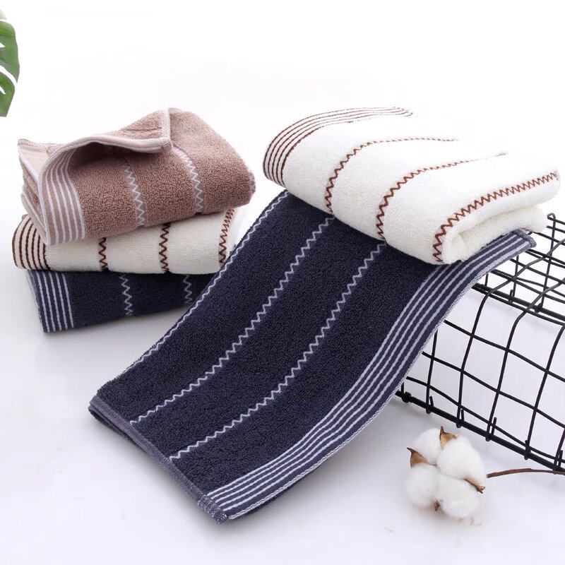 毛巾家用洗脸洗澡男女帕通用干侣面巾柔软吸水棉 水纹毛巾蓝色+棕褐色+白色共 3条