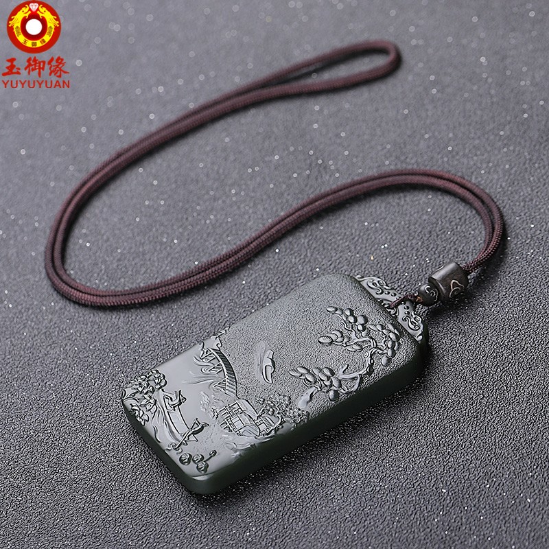 玉御缘原创新款和田玉锦绣山河玉牌塔青玉细料山水牌子吊坠玉挂件男女款