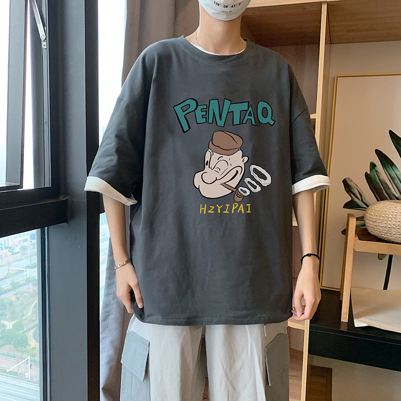 74387/【国潮短袖T恤男】网红夏季短袖T恤男2021潮流纯棉印花五分袖韩版学生百搭卡通半袖学生衣服 深灰色 M