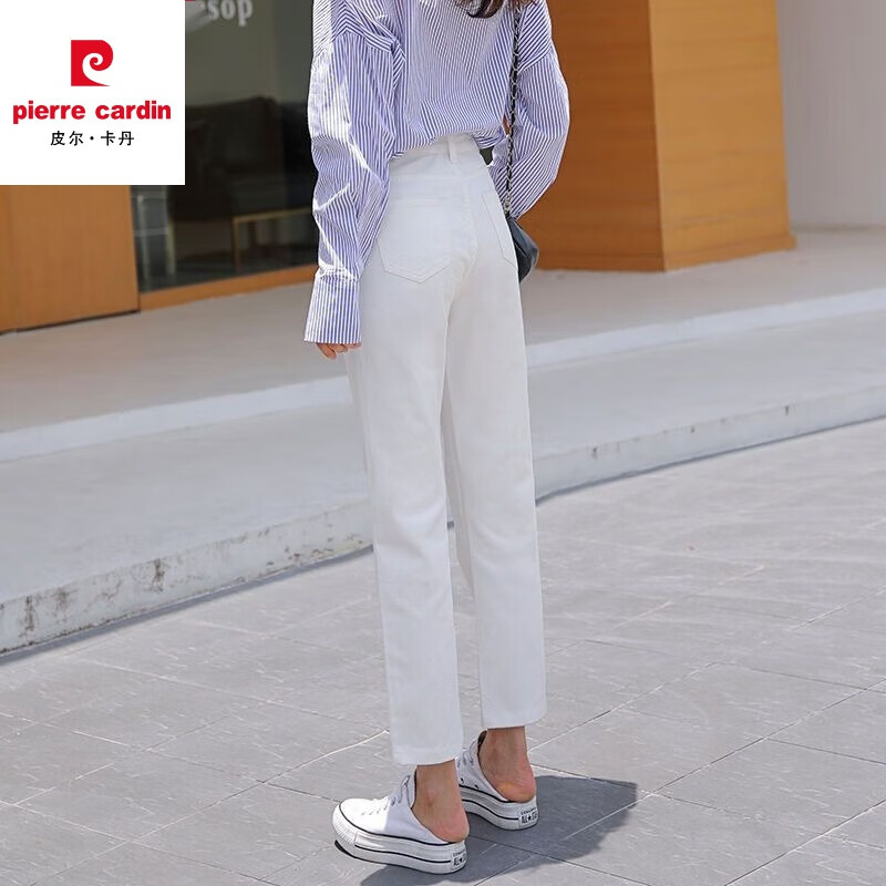 皮尔卡丹(pierre cardin)牛仔裤女装春夏秋季新款韩版高腰韩版显瘦宽松百搭九分直筒烟管裤 白色 XL 【117-128斤】