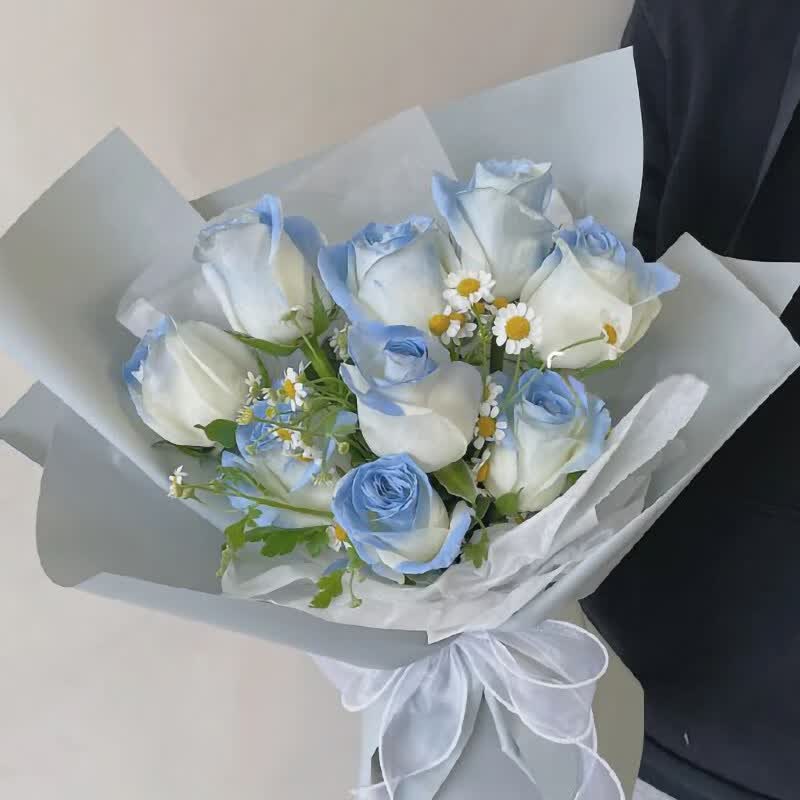 花西拾 鲜花礼物全国同城配送鲜花速递碎冰蓝渐变玫瑰花束生日礼物