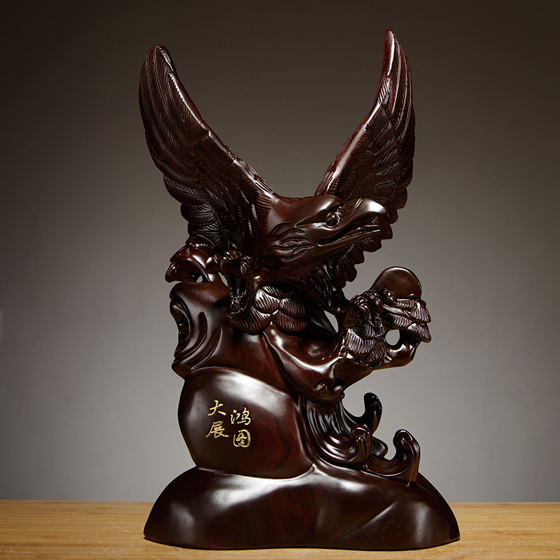 梵粟 黑檀木雕大展宏图摆件办公室桌面老鹰摆件客厅玄关装饰品雄鹰