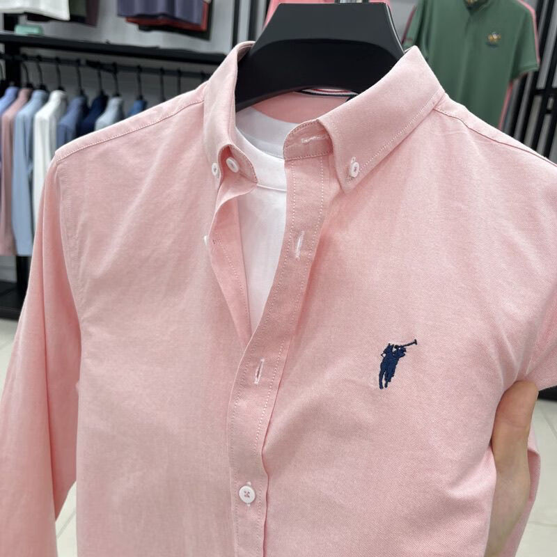 POLO100纯棉纯色长袖男士衬衫春秋刺绣商务休闲牛津纺男工装 天蓝 4XL 建议190-210斤