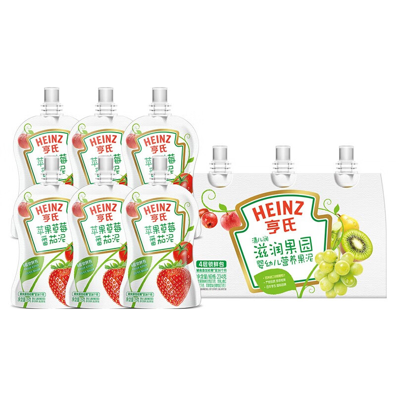 亨氏 (Heinz) 超金果泥  婴幼儿辅食  宝宝辅食营养78g/袋 苹果草莓番茄78g*6+清儿润78g*3袋