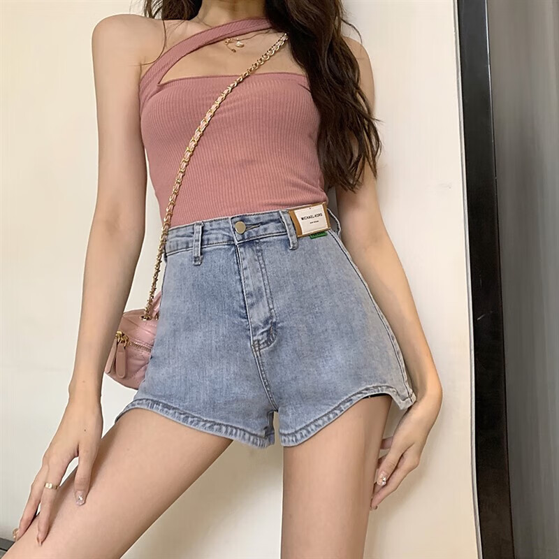 就叙设计感天丝牛仔半截裤女夏高腰贴标宽松显瘦阔腿裤外穿三分字热裤