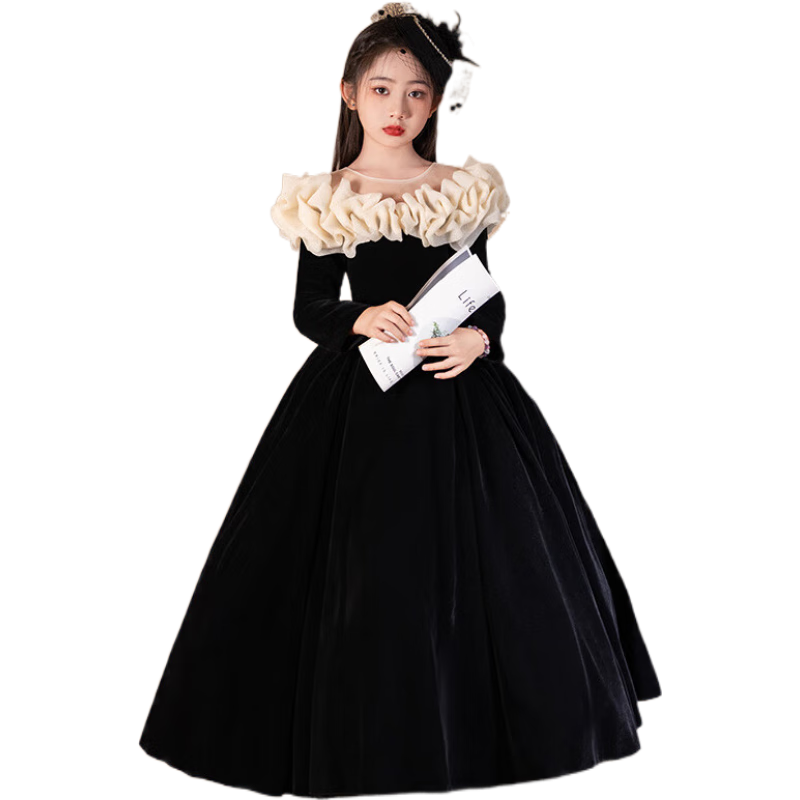 TAO HAN黑色兒童禮服裙絲絨長(zhǎng)袖秋冬款小女孩生日公主裙主持人鋼琴演出服 黑色絲絨長(zhǎng)款 170