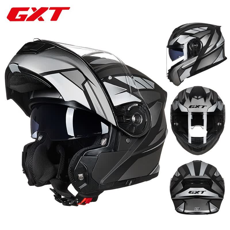 gxt摩托车头盔双镜片防雾揭面盔特大码个性男女通用安全帽四季 哑黑