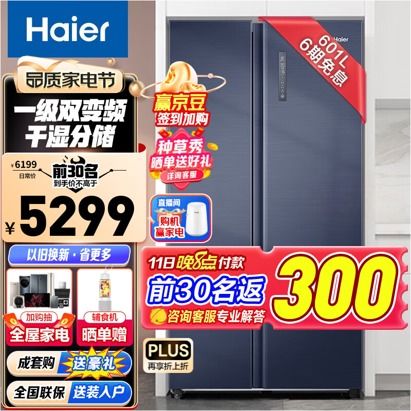 海尔（Haier）【大容量】海尔（Haier）冰箱双开门601升对开门冰箱家用冰箱一级能效风冷无霜干湿分储变频净味 BCD-601WGHSSR5B9U1