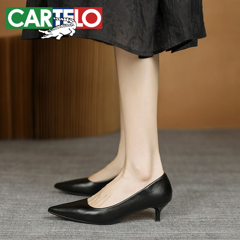 卡帝乐鳄鱼 CARTELO 舒适职业百搭黑细高跟鞋女士 KCC-357-8 黑色3cm 36 