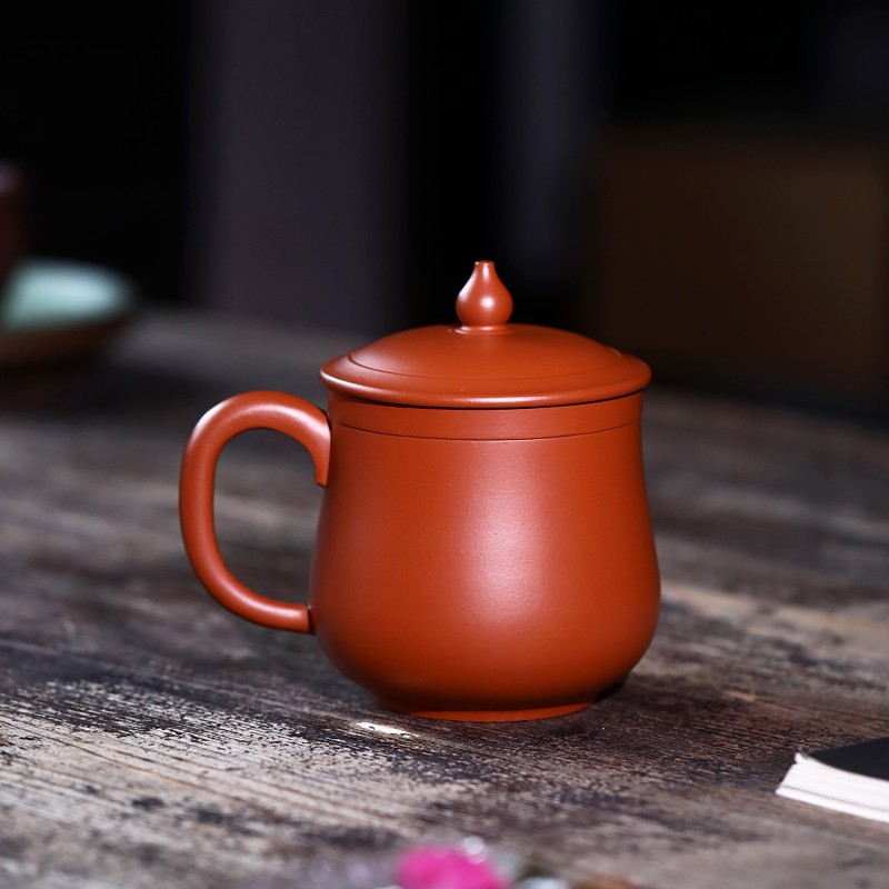 京峰阁 茶具茶杯宜兴紫砂朱泥禅道办公杯 全手工办公室带盖泡茶杯子水杯 紫砂盖杯A-20