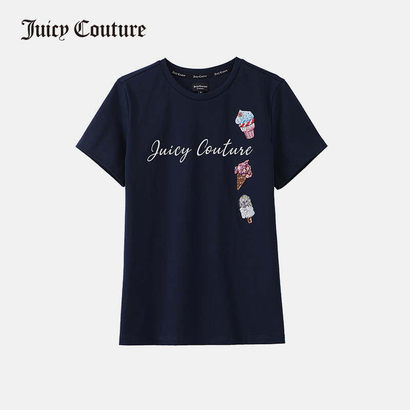 juicy couture橘滋短袖T恤女2021夏装新款圆领短款上衣宽松女烫钻 藏青 M