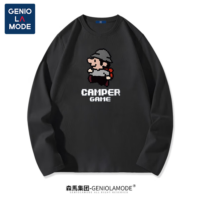 森马集团GENIOLAMODE长袖T恤男卡通字母图案个性减龄男生上衣校园风休闲纯棉长t 黑色2XL