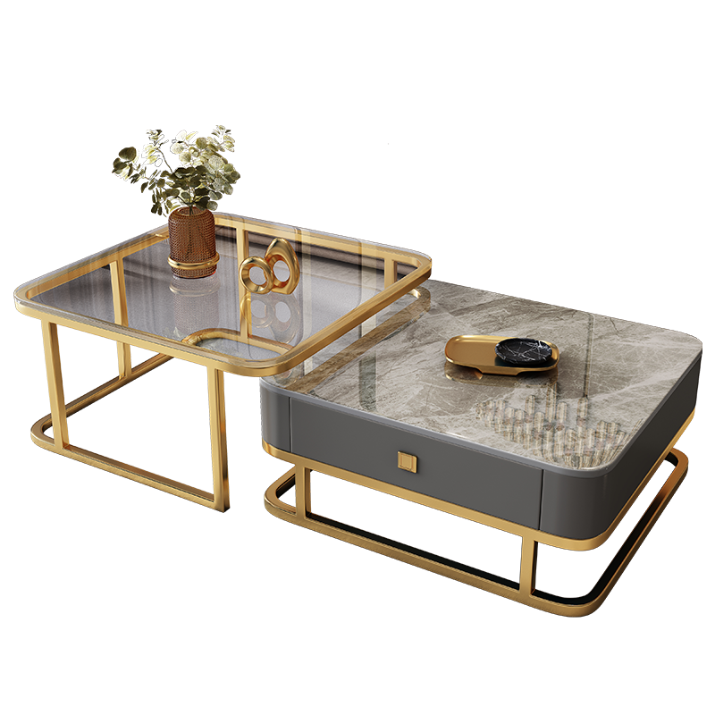 卡洛森 茶几 岩板轻奢茶几高端大小圆组合简约现代家用客厅多功能大小户型圆几 镀钛金(雪山白+钢化玻璃)