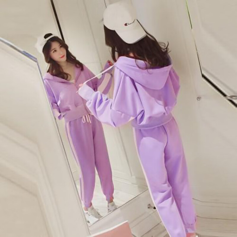 显瘦时尚连帽卫衣运动套装学生宽松休闲长裤两件套秋 浅紫色两件套 s