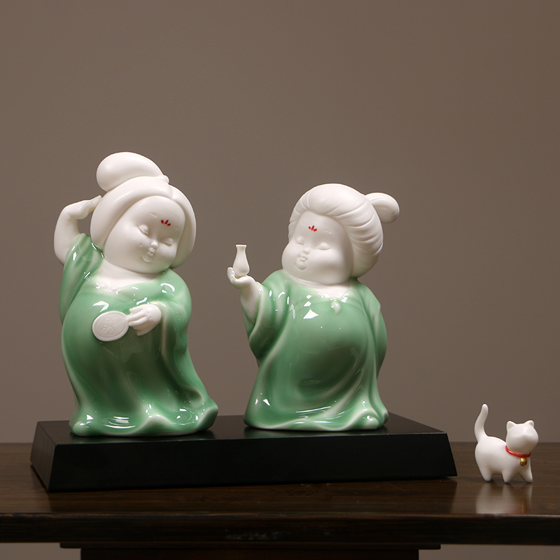 中国风摆件 唐朝小胖妞青瓷人物摆件陶瓷工艺品新中式可爱简约酒柜