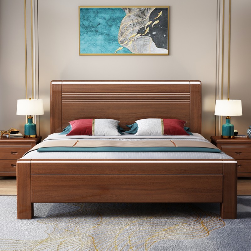 小默工坊 实木床新中式双人床实木成人大床单人床公寓床主卧室家用婚床 1.8米框架床+两个床头柜