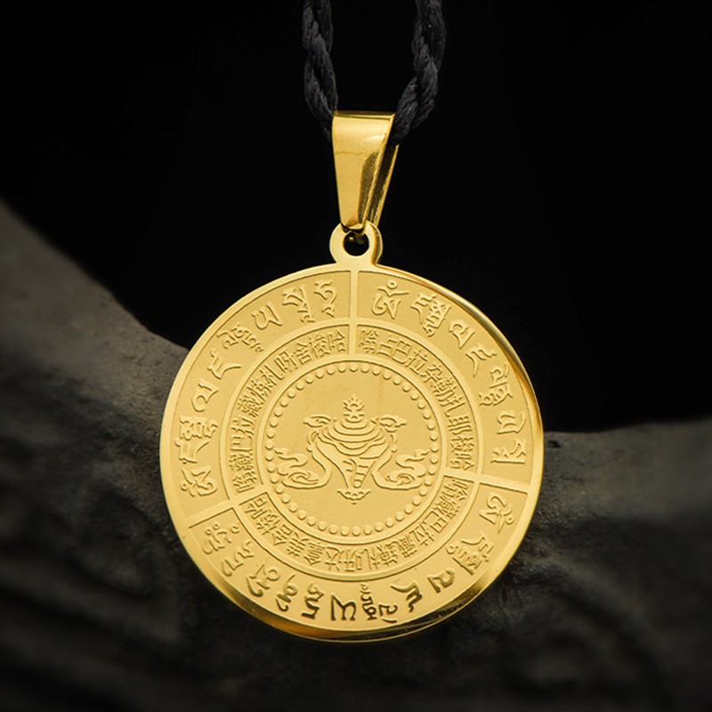 简修行五路黄财神吊坠男款小号款女士心咒项链挂件金色钛钢饰品