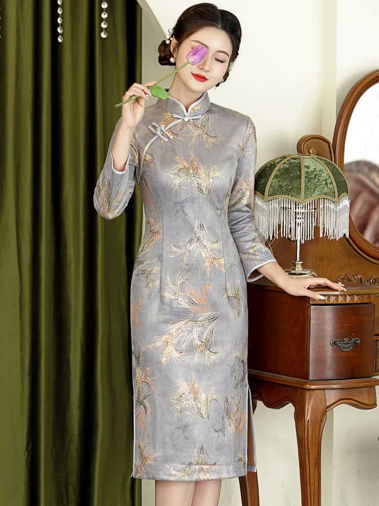 康美诗改良旗袍复古气质简约妈妈装日常宴会春秋新款中长款长袖过膝大