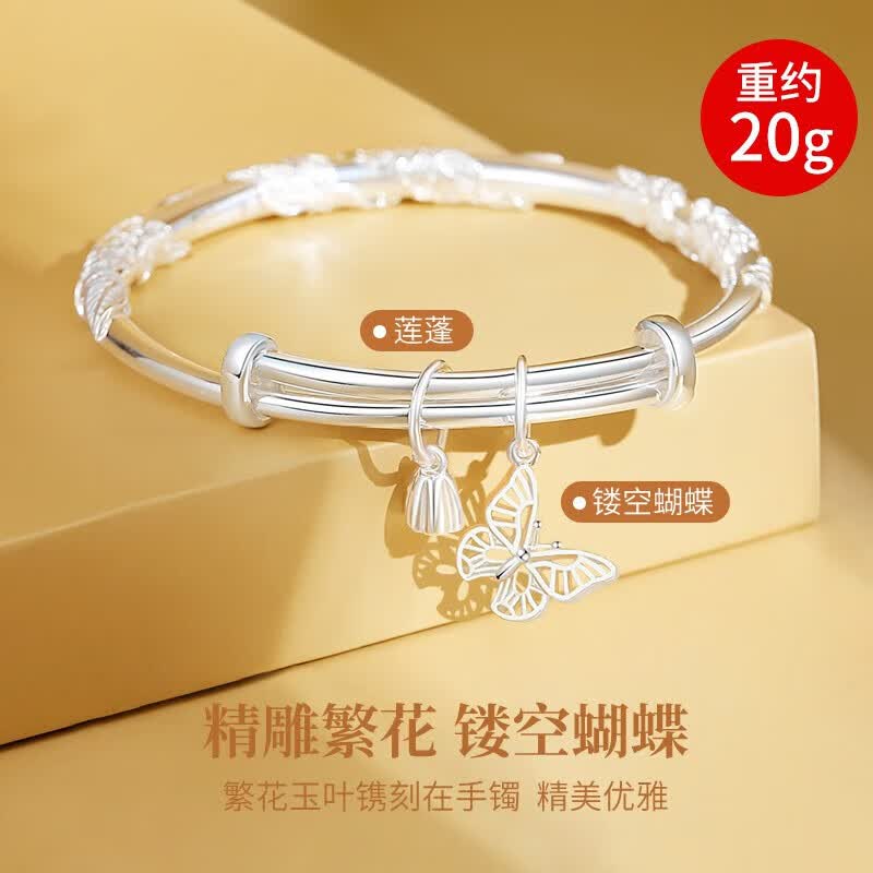 老凤祥蝶恋花足银999手镯女实心镯子七夕情人节生日礼物送女友老婆 蝶恋花足银手镯【30g】