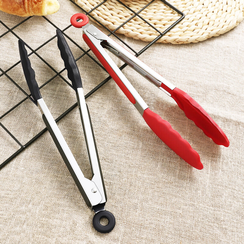 云独耐高温食品级防烫夹 硅胶食品夹牛排夹子食物烧肉夹 加长烧烤夹子 魅力红 大号12寸-33CM