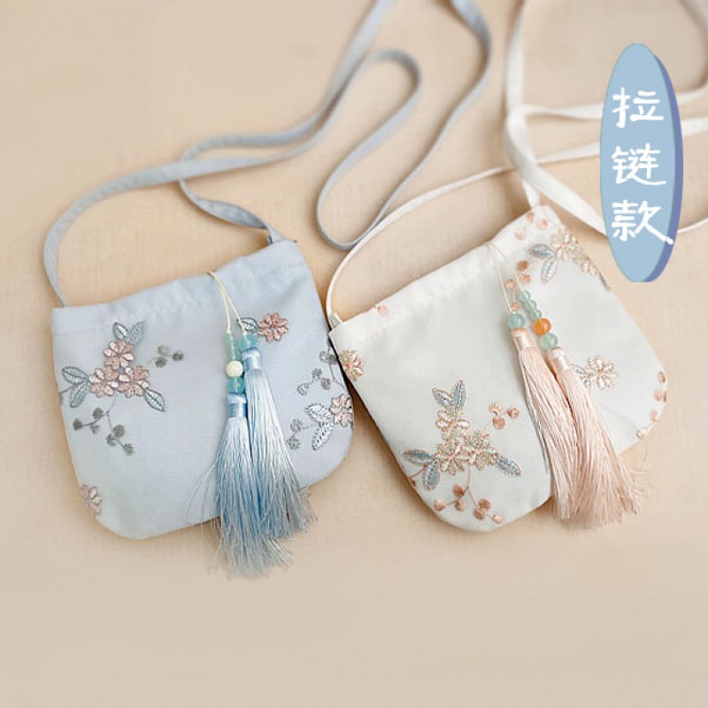 新款汉服拉链小包包古风仙女刺绣流苏斜挎包配古装布荷包 尺寸在页面