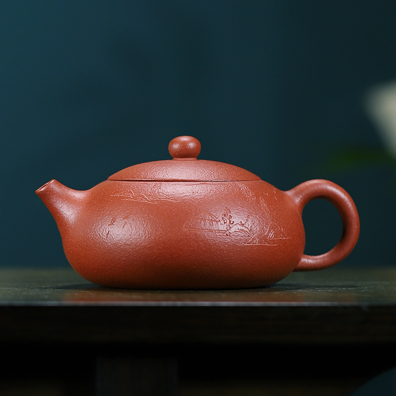 吉羊宜兴紫砂壶原矿茶壶功夫茶具 纯手工刻绘扁西施壶160ml 龙血砂款