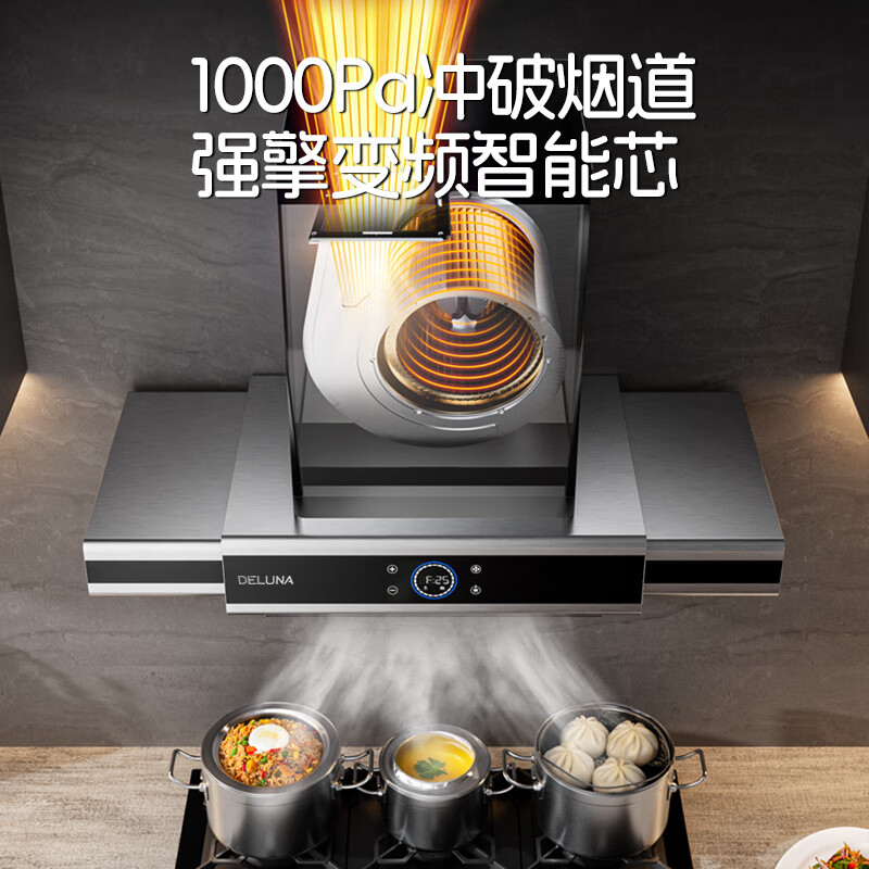 DELUNA【高端】变频升降式中岛式油烟机开放式厨房岛台吧台别墅西餐厅欧式顶吸式静音大吸力吊装抽烟机 【中岛式烟灶套装】配三眼猛火灶 液化气