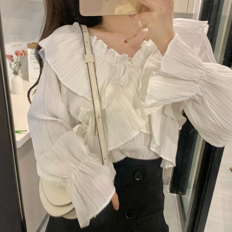 织迷韩版女团风上衣春装设计感小众气质长袖衬衫女交叉领木耳边娃娃衫 白色 3XL 130-135属于什么档次？
