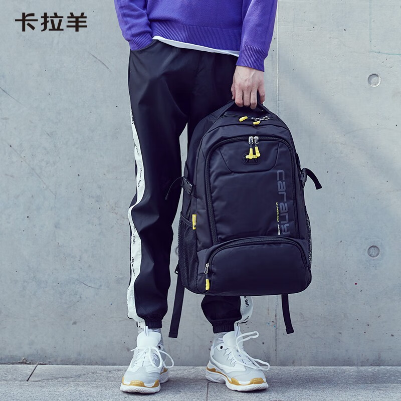卡拉羊初高中生书包大学生休闲双肩包42L大容量男士电脑包旅行背包 黑色