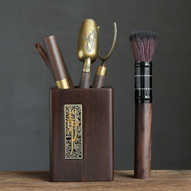 青天问月黑檀木茶道六君子花梨木茶夹茶勺茶刀泡茶工具茶具配件 年年有余-四方六君子