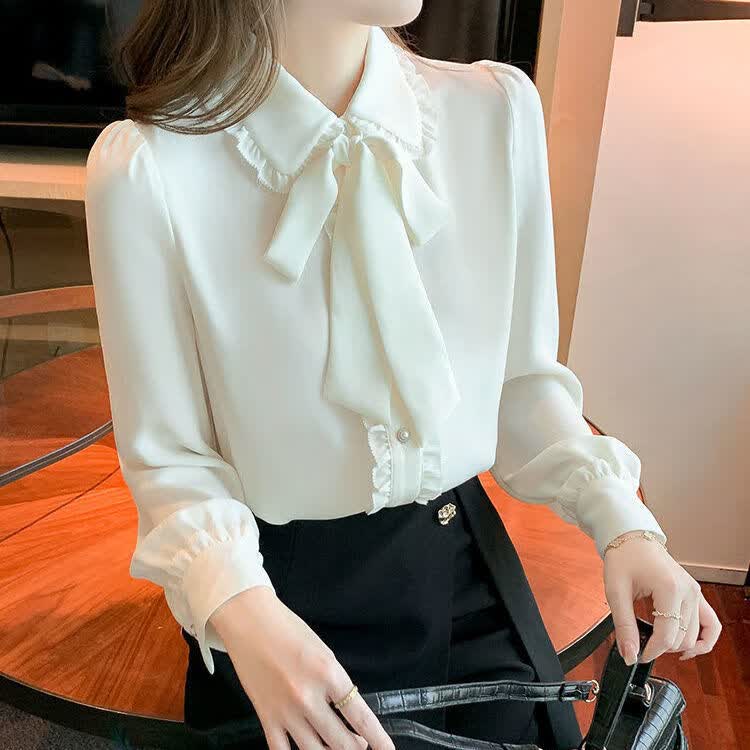 感小众泡泡袖女艾繆丝蝴蝶结衬衫女长袖2022年春装新款女士设计感小系