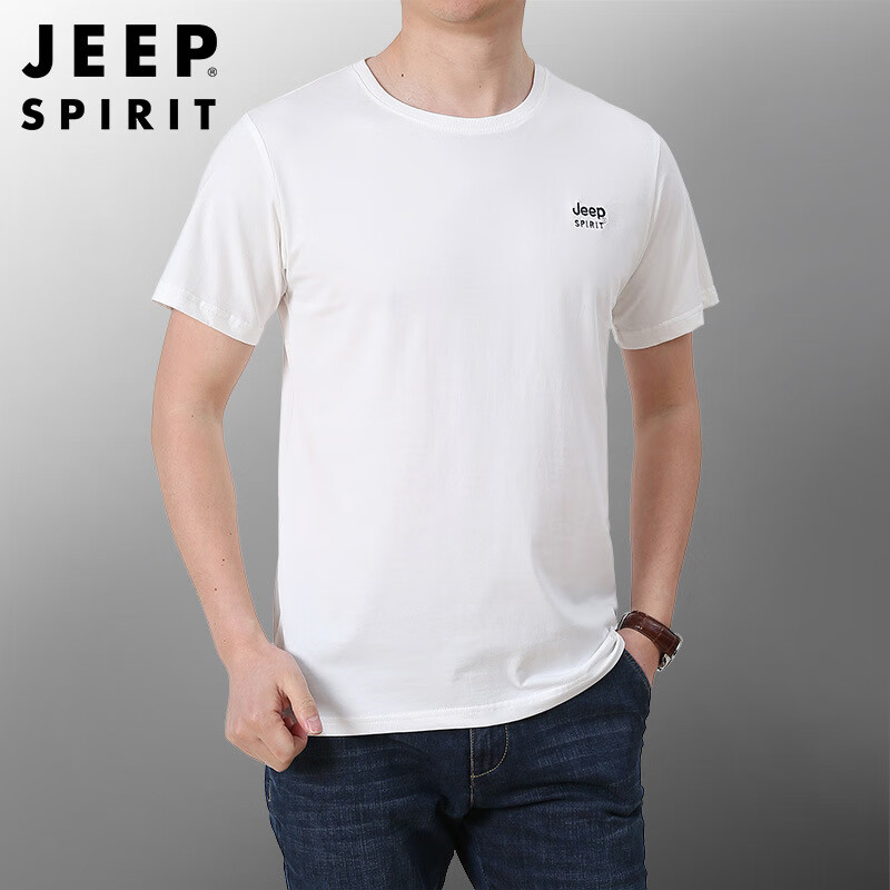 jeep spirit新款夏季圆领宽松大码纯棉短袖t恤男士夏装上衣 白色 m