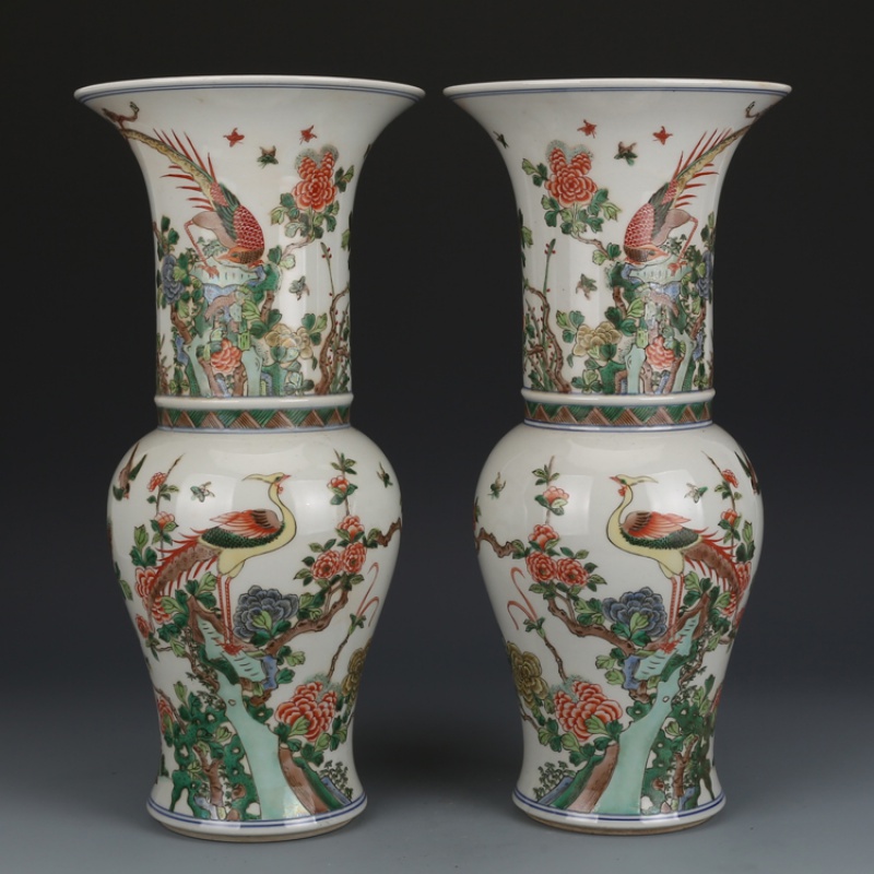 璟館 大清康熙五彩锦鸡凤尾瓶茶室摆件老物件老货青花瓷摆件仿古瓷器