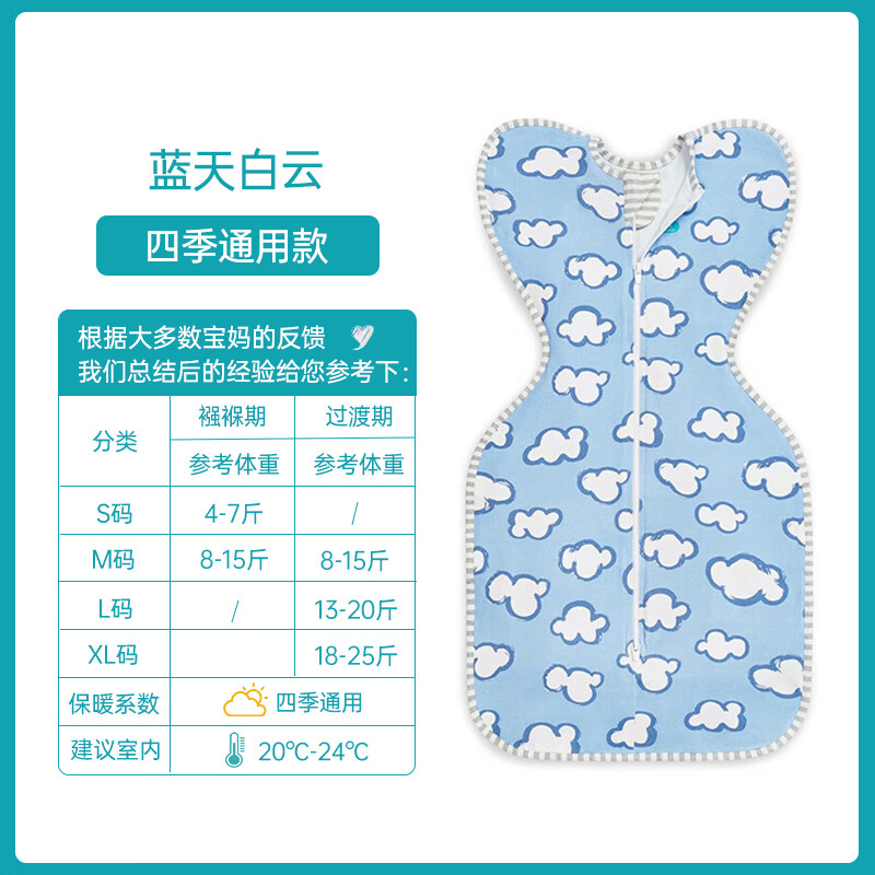 LOVE TO dream新生儿防惊跳睡袋婴儿睡袋纯棉防踢被儿童睡袋投降式襁褓宝宝睡袋 【基础款】蓝天白云 四季通用 M码：8-15斤（约3-6个月）