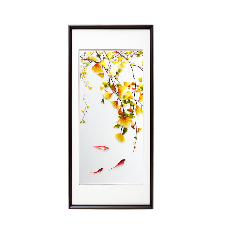 璟館 新中式风格轻奢美好寓意银杏九鱼刺绣带框玄关客厅成品挂画进门