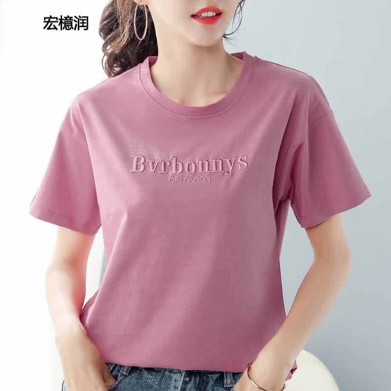 宏檍润100%短袖女宽松2021年夏季半袖衫t恤女显瘦大码上衣体恤 粉紫色 M ( 80-105斤）