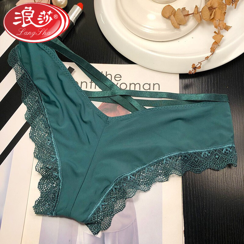 浪莎高档品牌女士内裤欧美性感低腰蕾丝边v字腰交叉绑带火辣三角底裤