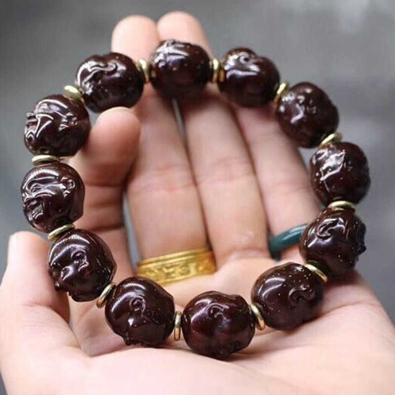 顶盈 紫金鼠鼠手串 雕刻笑弥勒菩提子佛珠手链 男女天然老料 文玩饰品