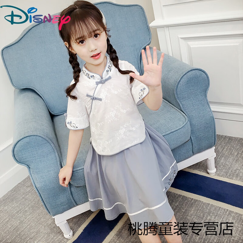 迪士尼(disney)女童汉服套装1-8岁女孩夏季短袖上衣 绣花裙两件套中国
