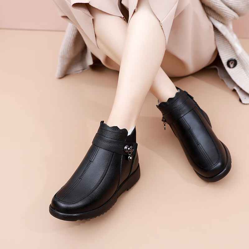 吊带兔妈妈鞋棉鞋女冬季牛皮老人鞋加厚绒羊毛皮鞋中老年防滑防水雪地靴 款式四 真皮羊毛 41