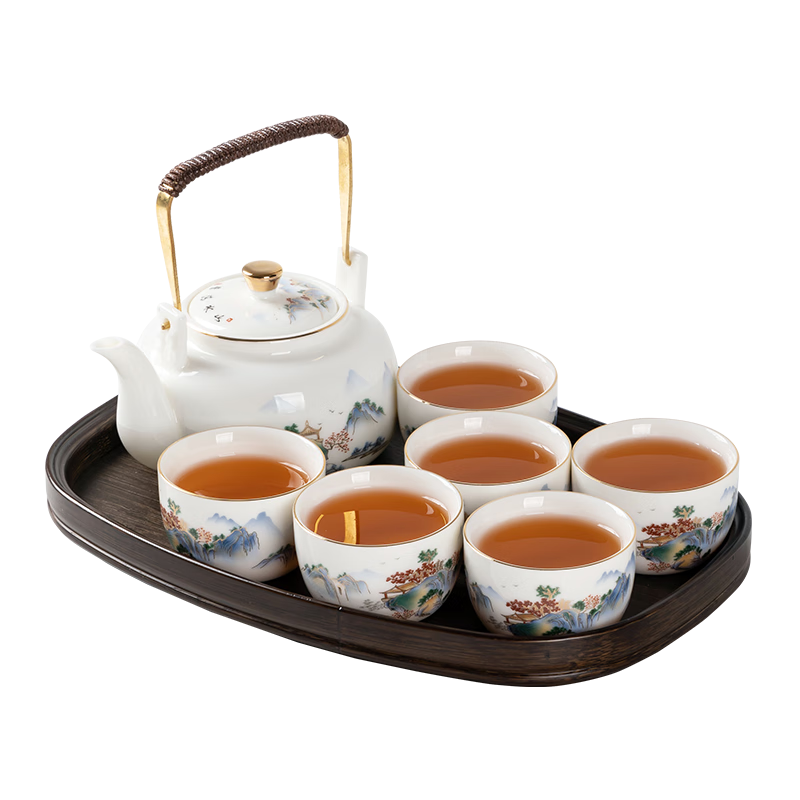 金鑲玉整套功夫茶具 家用羊脂玉瓷提梁壺喝茶送禮盒高檔 山水清音
