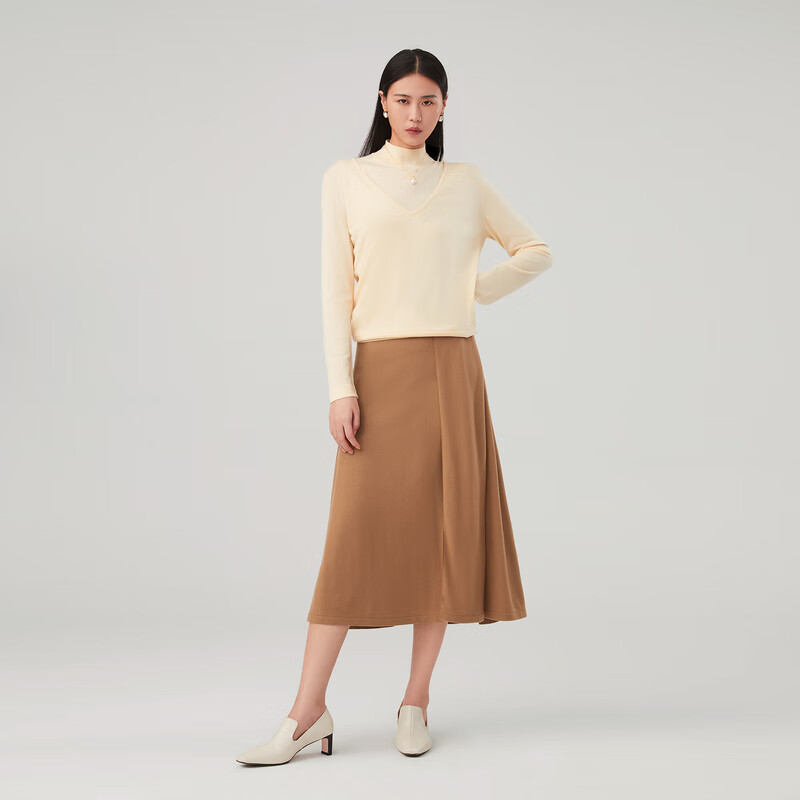 OVV【可机洗黄金羊毛】2023秋冬新款女装简约深V领长袖针织衫 米黄(净色)A5 L