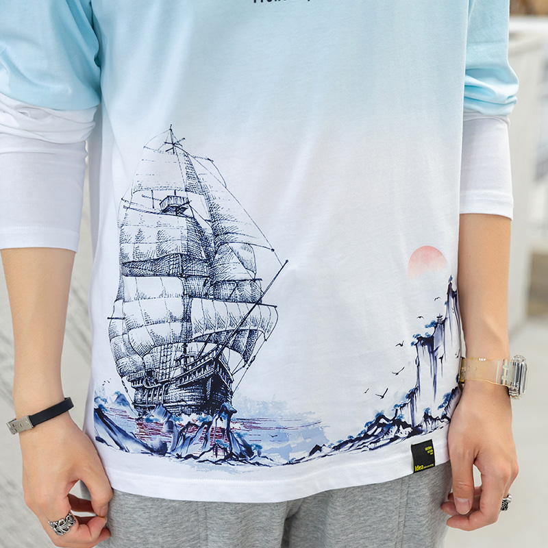 TEEK渐变长袖t恤男装春秋款上衣服 秋冬季男士秋装体恤休闲印花打底衫 JAC5B蓝白色 M